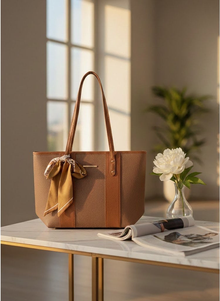 FUMES Brown Women’s Elegant Panel Tote Handbag with Scarf Detail – Structured Premium Shoulder Bag - Image 3